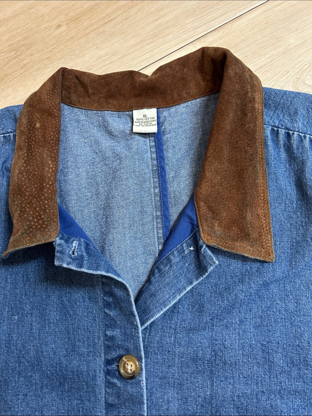 VTG 90s Blue Denim Utility Vest Brown Contrast Collar Women's XL Cargo Pocket - Picture 5 of 8